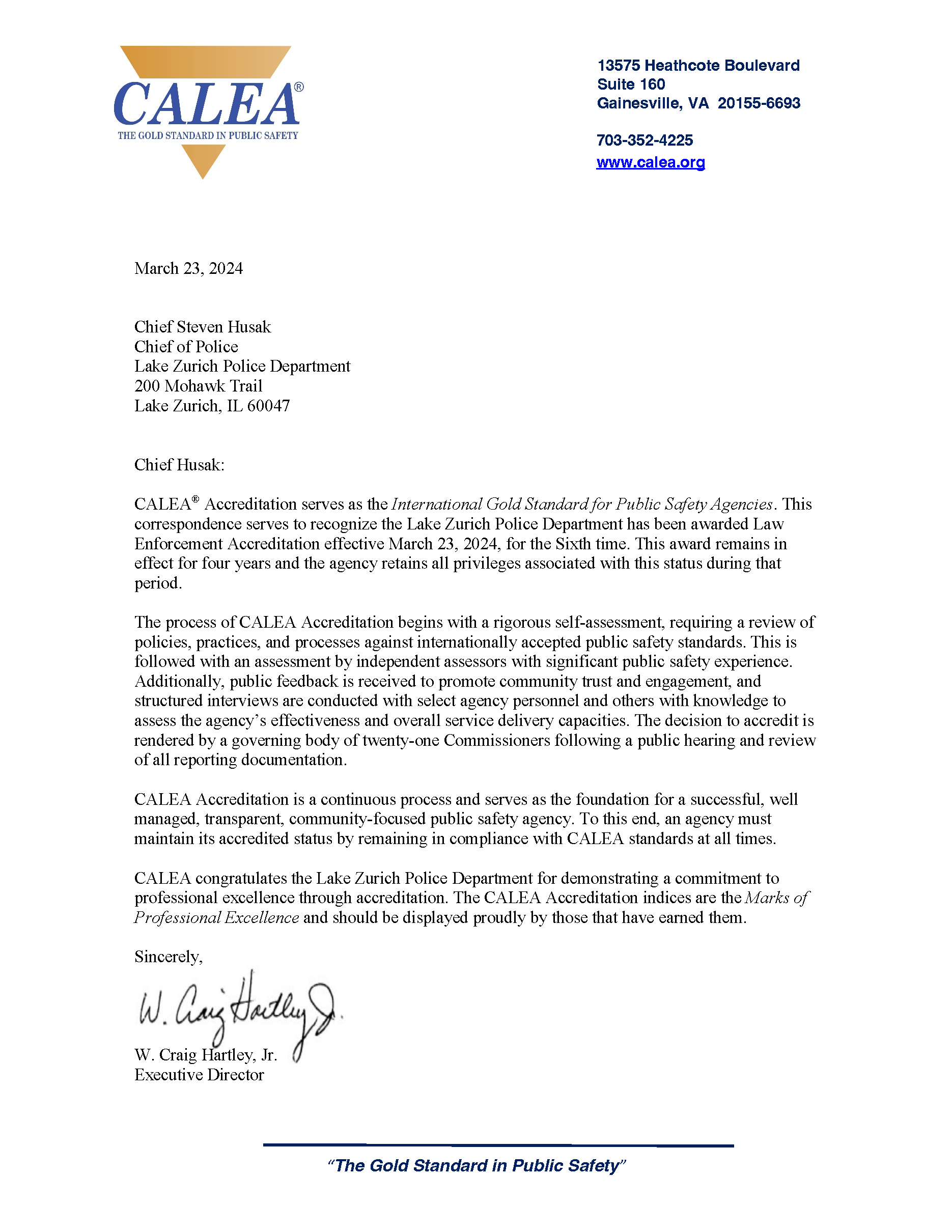 CALEA Conference Award Letter - 2024-Lake Zurich Police Department IL